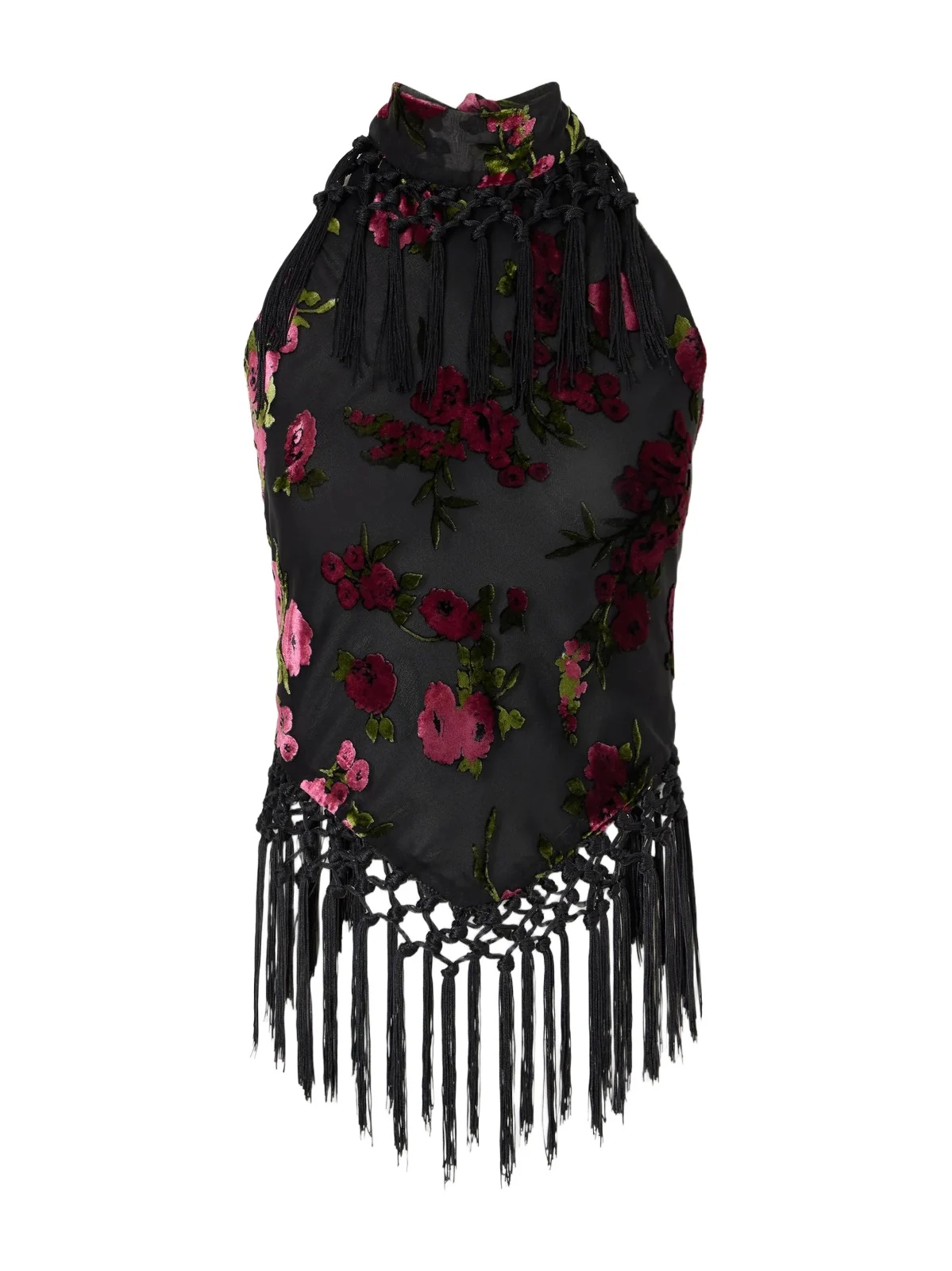 ANNA SUI Floral-flock Fringe-trimmed Crepe Halterneck Top