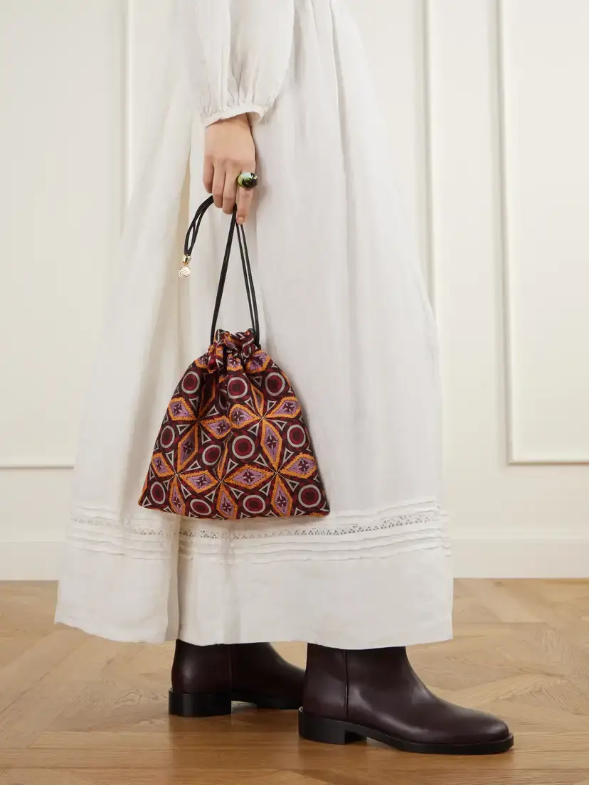 La DoubleJ Drawstring Leather-trimmed Jacquard-knit Clutch | Thumbnail 2