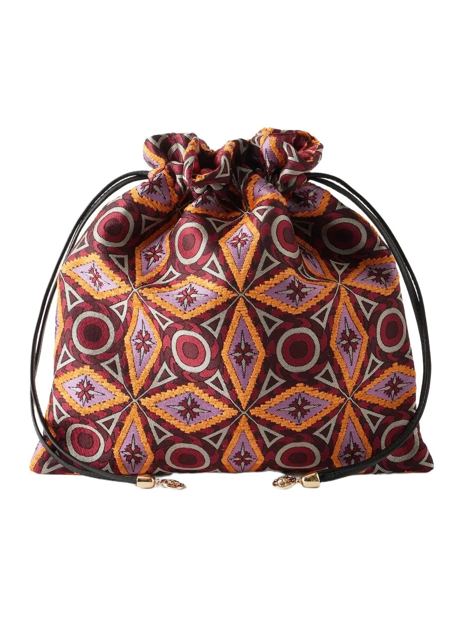 Drawstring Leather-trimmed Jacquard-knit Clutch
