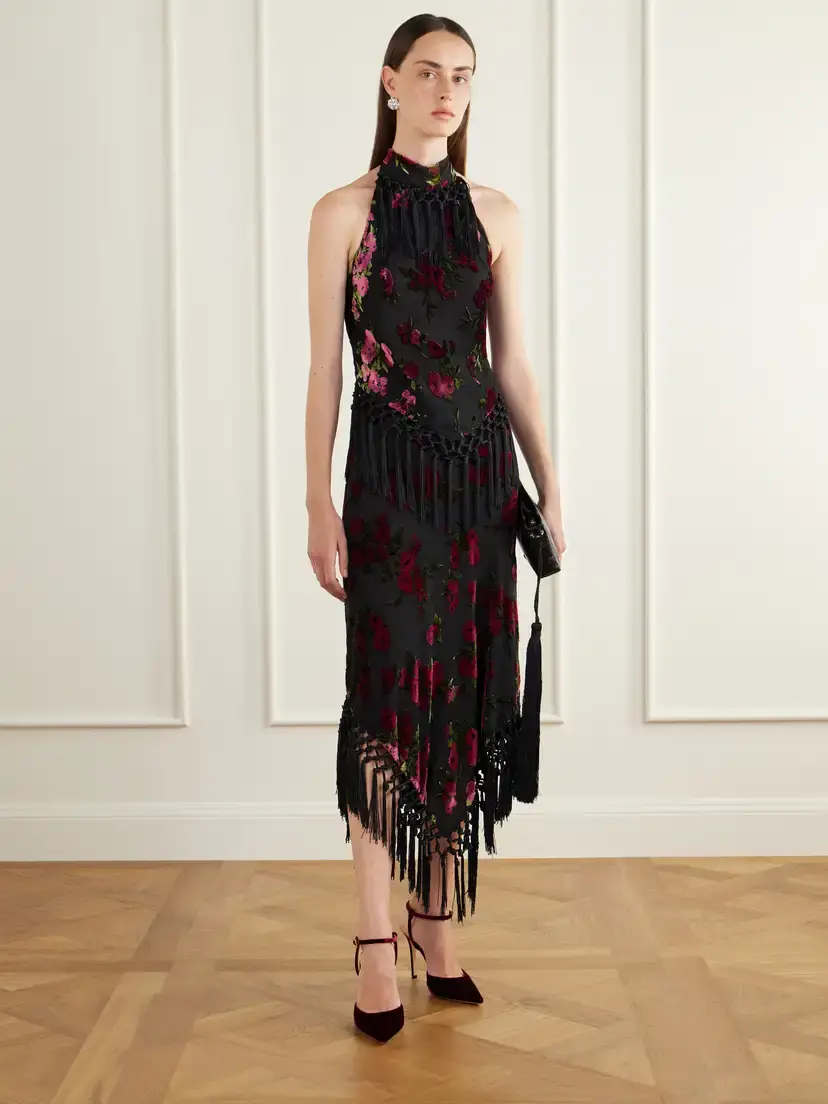 ANNA SUI Asymmetric Floral-flock Fringe-trimmed Crepe Midi Skirt | Thumbnail 2 ANNA SUI Asymmetric Floral-flock Fringe-trimmed Crepe Midi Skirt | Thumbnail 2