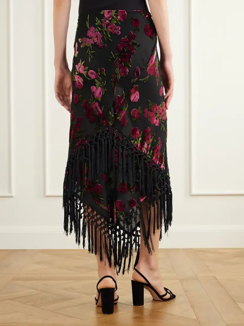 ANNA SUI Asymmetric Floral-flock Fringe-trimmed Crepe Midi Skirt | Thumbnail 3 ANNA SUI Asymmetric Floral-flock Fringe-trimmed Crepe Midi Skirt | Thumbnail 3