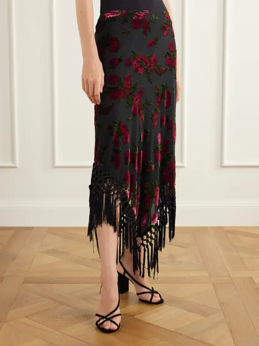 ANNA SUI Asymmetric Floral-flock Fringe-trimmed Crepe Midi Skirt | Thumbnail 4 ANNA SUI Asymmetric Floral-flock Fringe-trimmed Crepe Midi Skirt | Thumbnail 4