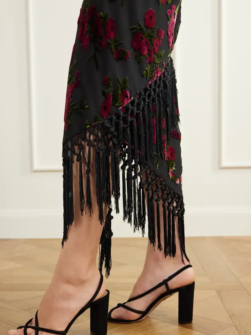 ANNA SUI Asymmetric Floral-flock Fringe-trimmed Crepe Midi Skirt | Thumbnail 5 ANNA SUI Asymmetric Floral-flock Fringe-trimmed Crepe Midi Skirt | Thumbnail 5