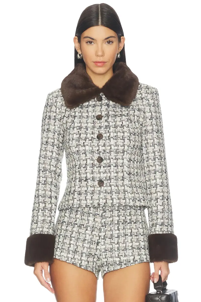 MAJORELLE Ivette Faux Fur Trim Tweed Jacket