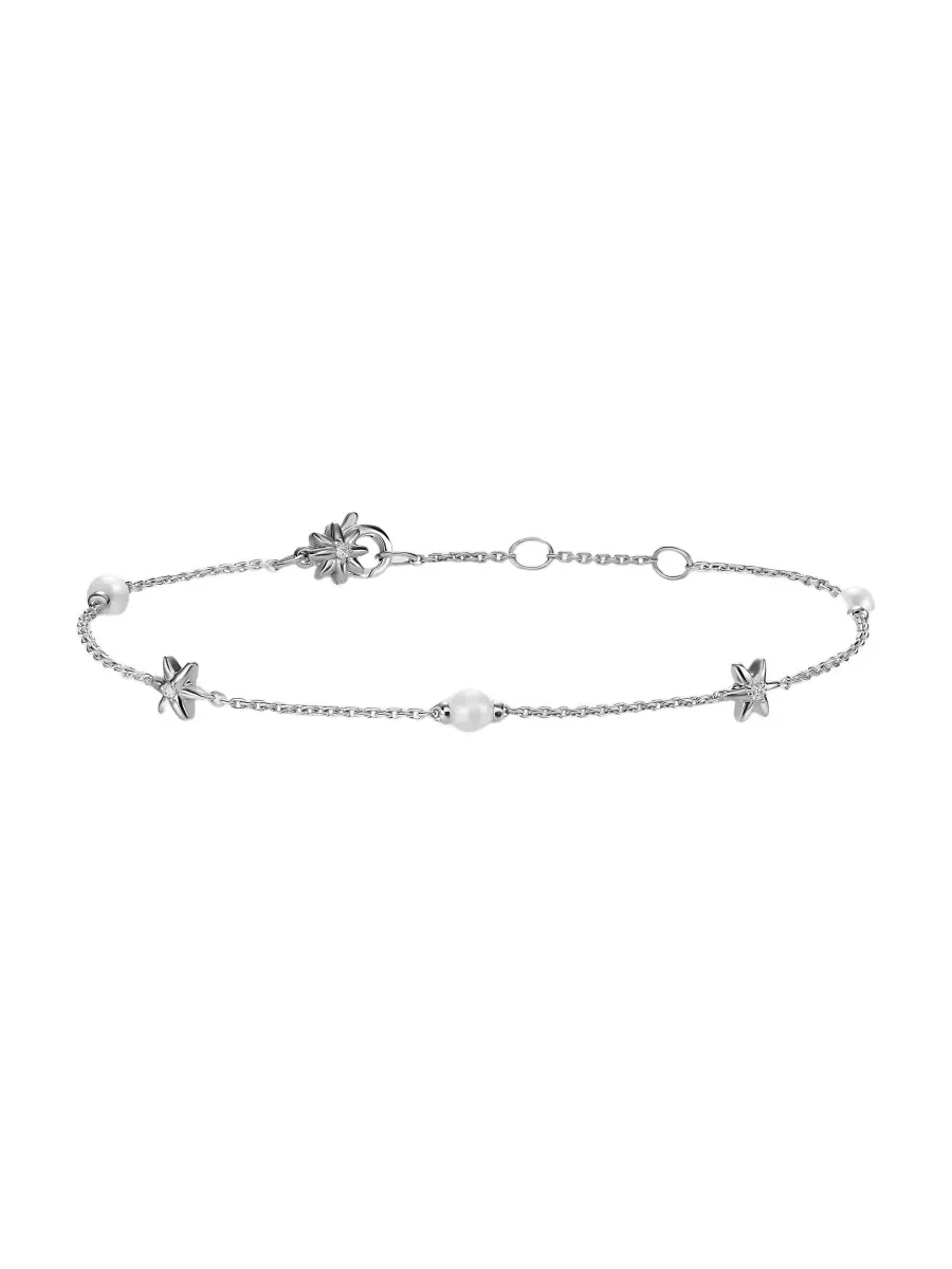 Women's Petite Starburst and Pearl Station Chain Bracelet in Sterling Silver with Pearls and Diamonds, 6MM - Silver Women's Petite Starburst and Pearl Station Chain Bracelet in Sterling Silver with Pearls and Diamonds, 6MM - Silver