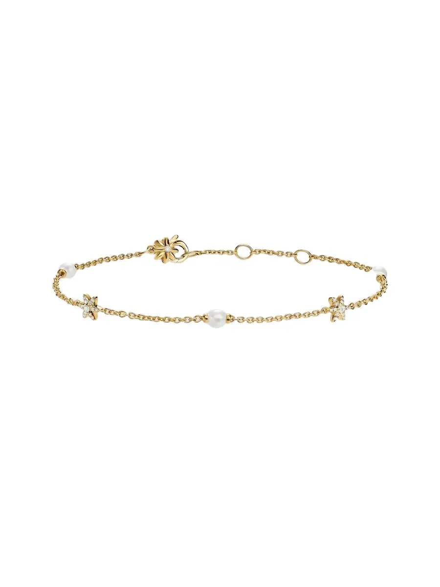 Women's Petite Starburst and Pearl Station Chain Bracelet in 18K Yellow Gold with Pearls and Diamonds, 6MM - Gold Pearl Women's Petite Starburst and Pearl Station Chain Bracelet in 18K Yellow Gold with Pearls and Diamonds, 6MM - Gold Pearl