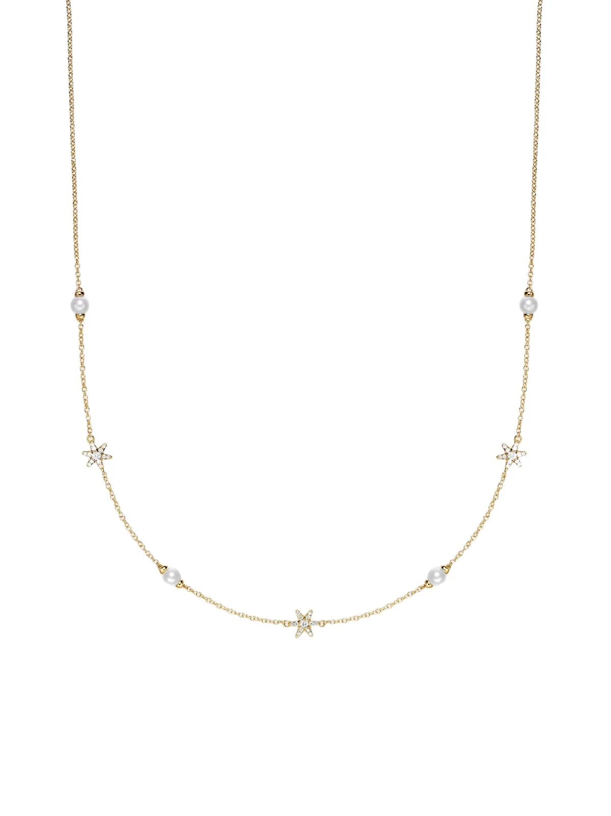 Women's Petite Starburst and Pearl Station Chain Necklace in 18K Yellow Gold 6MM Women's Petite Starburst and Pearl Station Chain Necklace in 18K Yellow Gold 6MM