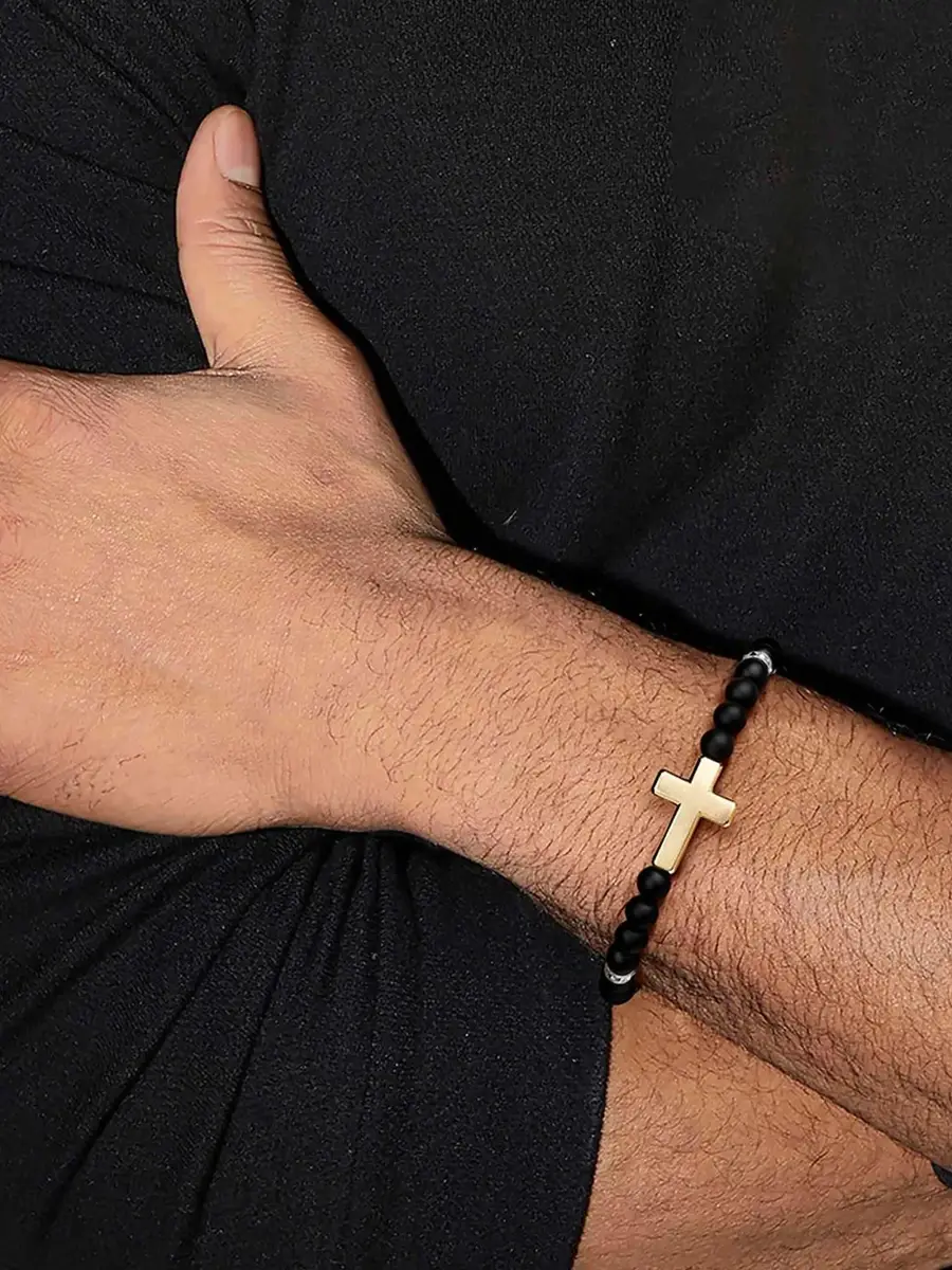 Gabriel & Co Men's Bujukan Titanium, 14K Yellow Gold & Sterling Silver Beaded Cross Bracelet/6MM | Thumbnail 2 Gabriel & Co Men's Bujukan Titanium, 14K Yellow Gold & Sterling Silver Beaded Cross Bracelet/6MM | Thumbnail 2