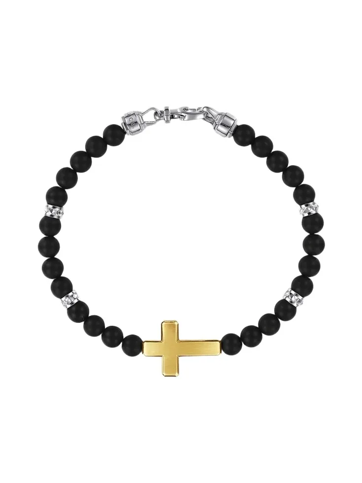 Gabriel & Co Men's Bujukan Titanium, 14K Yellow Gold & Sterling Silver Beaded Cross Bracelet/6MM