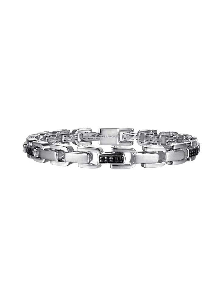 Gabriel & Co Men's Contemporary Sterling Silver & Black Spinel Cylindrical Link Chain Bracelet