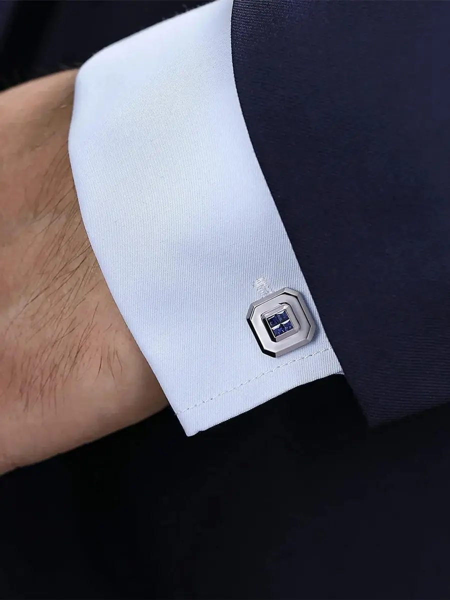 Gabriel & Co Men's Geo Sterling Silver & Princess-Cut Sapphire Octagon Cufflinks | Thumbnail 2 Gabriel & Co Men's Geo Sterling Silver & Princess-Cut Sapphire Octagon Cufflinks | Thumbnail 2