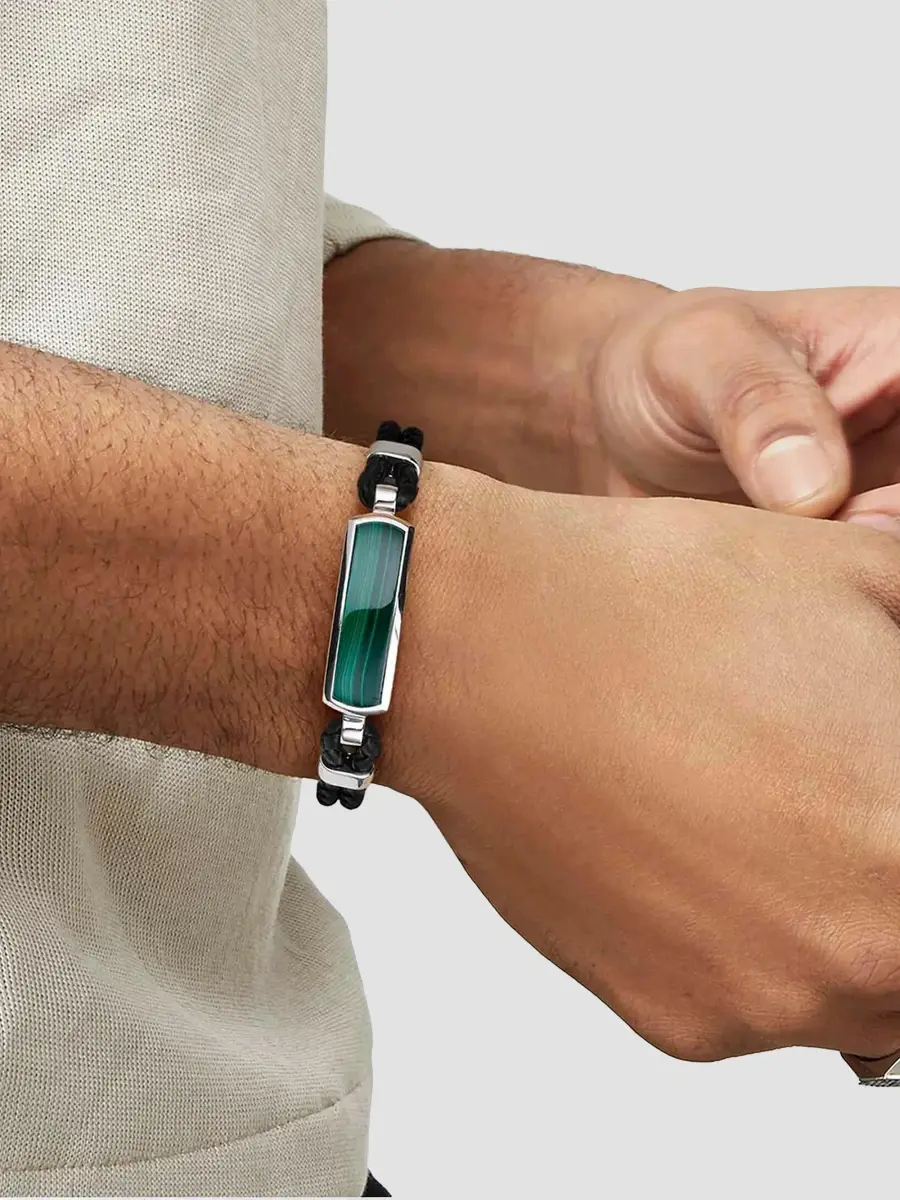 Gabriel & Co Men's Contemporary Sterling Silver, Leather & Malachite ID Bracelet | Thumbnail 2