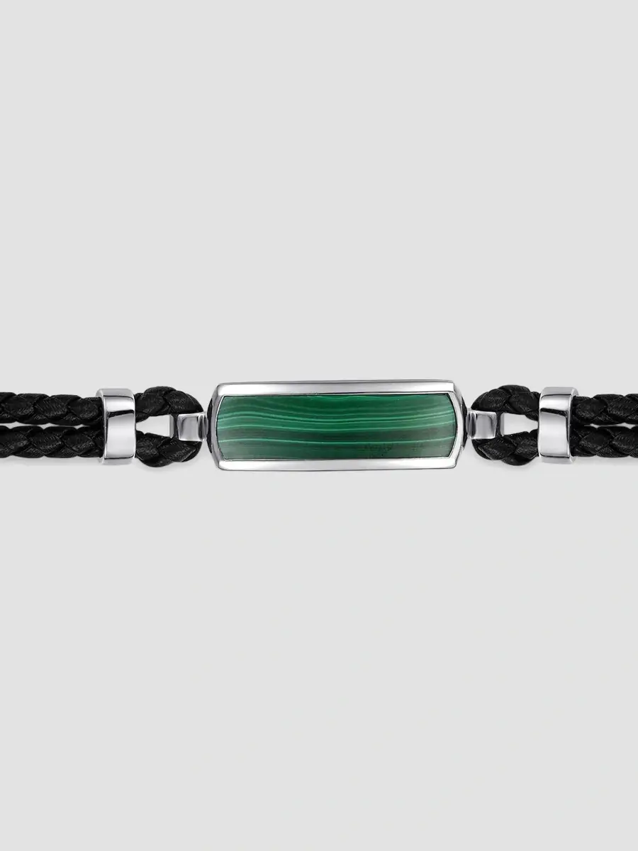 Gabriel & Co Men's Contemporary Sterling Silver, Leather & Malachite ID Bracelet | Thumbnail 3