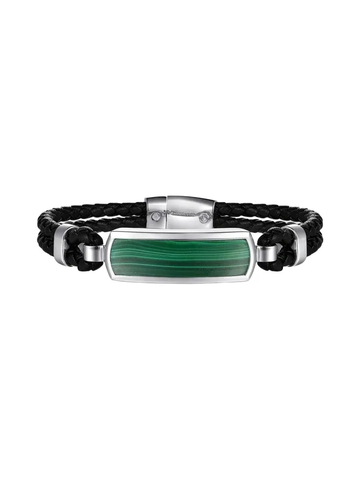 Gabriel & Co Men's Contemporary Sterling Silver, Leather & Malachite ID Bracelet