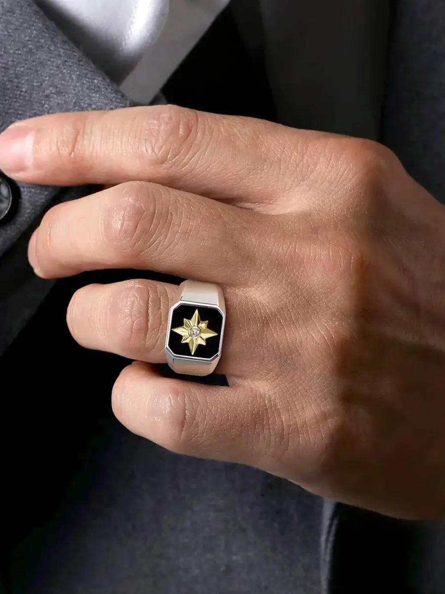 Gabriel & Co Men's Polaris 14K Yellow Gold, Sterling Silver, 0.03 TCW Diamond, & Onyx Starburst Signet Ring | Thumbnail 2 Gabriel & Co Men's Polaris 14K Yellow Gold, Sterling Silver, 0.03 TCW Diamond, & Onyx Starburst Signet Ring | Thumbnail 2