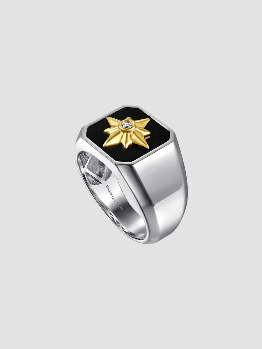 Gabriel & Co Men's Polaris 14K Yellow Gold, Sterling Silver, 0.03 TCW Diamond, & Onyx Starburst Signet Ring | Thumbnail 3 Gabriel & Co Men's Polaris 14K Yellow Gold, Sterling Silver, 0.03 TCW Diamond, & Onyx Starburst Signet Ring | Thumbnail 3