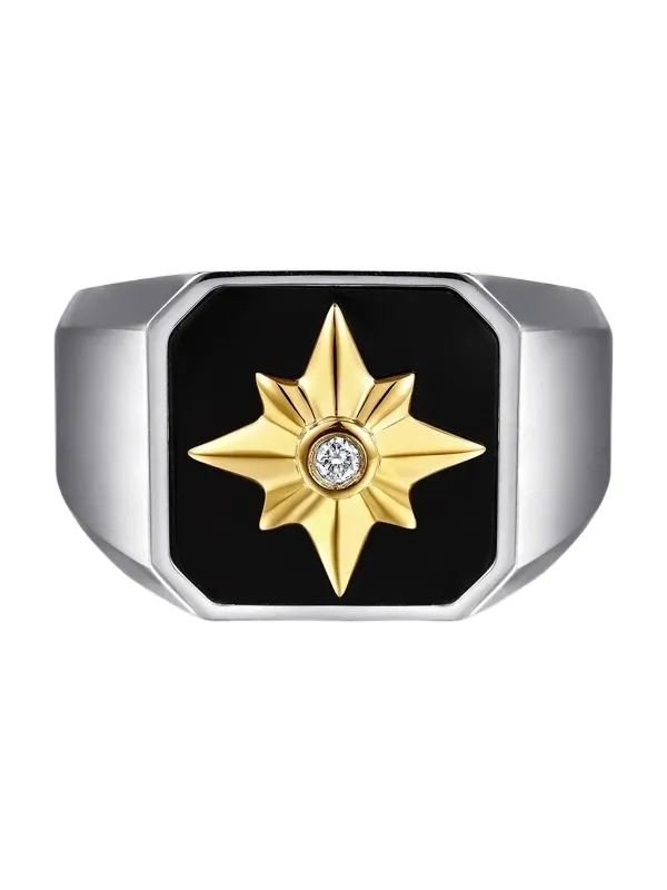 Gabriel & Co Men's Polaris 14K Yellow Gold, Sterling Silver, 0.03 TCW Diamond, & Onyx Starburst Signet Ring