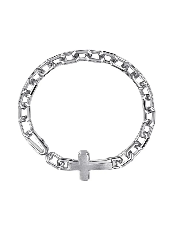 Gabriel & Co Men's Contemporary Sterling Silver Faceted Link Cross Chain Bracelet