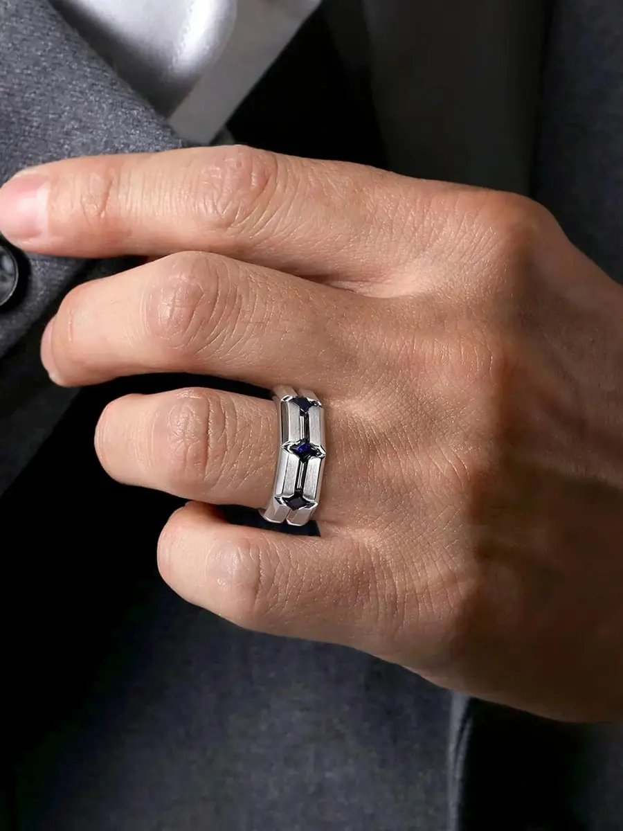 Gabriel & Co Men's Geo Sterling Silver & Sapphire Wide Band Ring | Thumbnail 2 Gabriel & Co Men's Geo Sterling Silver & Sapphire Wide Band Ring | Thumbnail 2