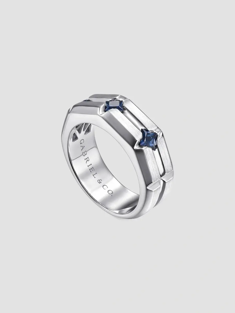 Gabriel & Co Men's Geo Sterling Silver & Sapphire Wide Band Ring | Thumbnail 3 Gabriel & Co Men's Geo Sterling Silver & Sapphire Wide Band Ring | Thumbnail 3
