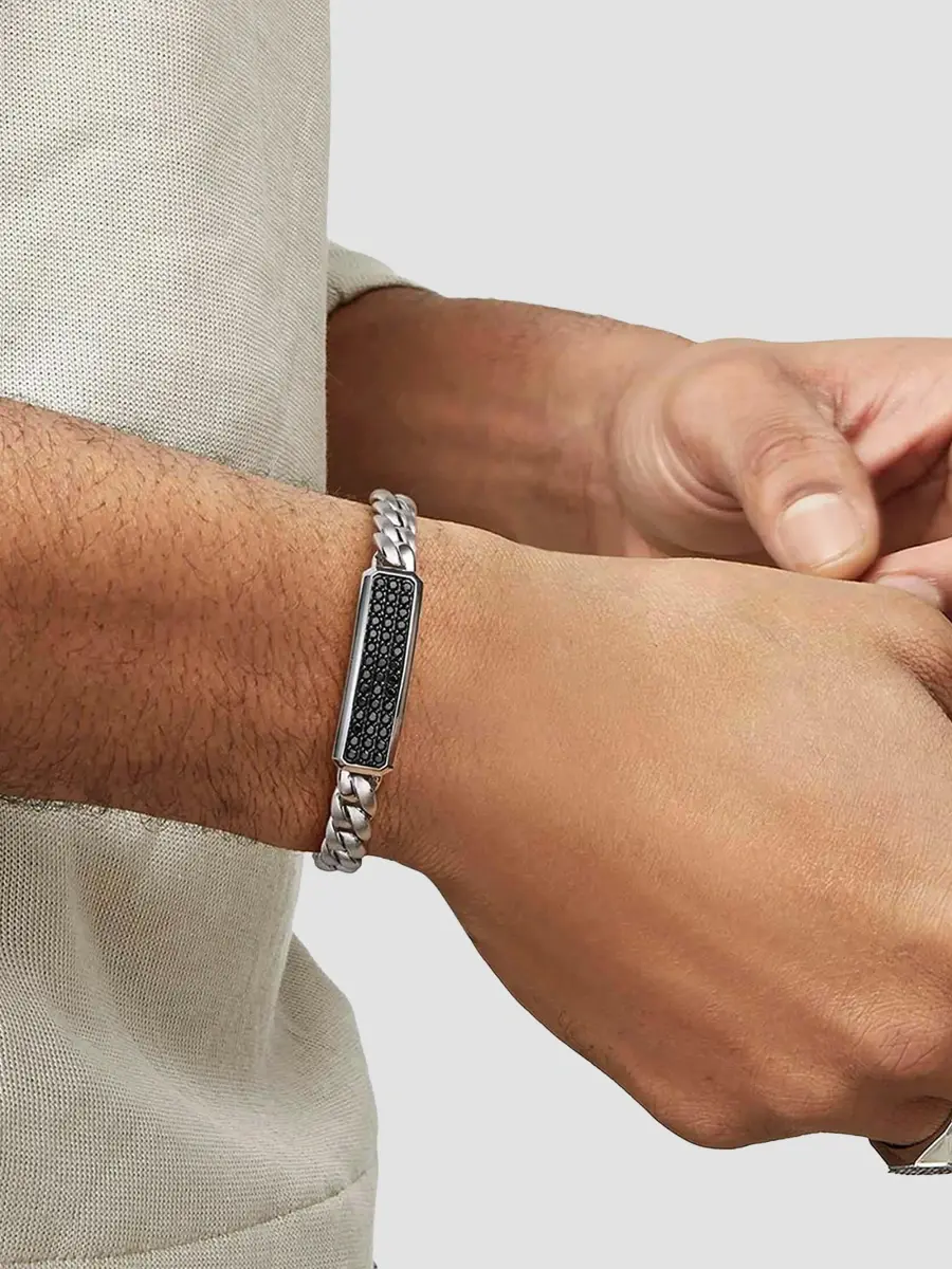 Gabriel & Co Men's Classic Sterling Silver & Black Spinel Cuban Link ID Bracelet | Thumbnail 2