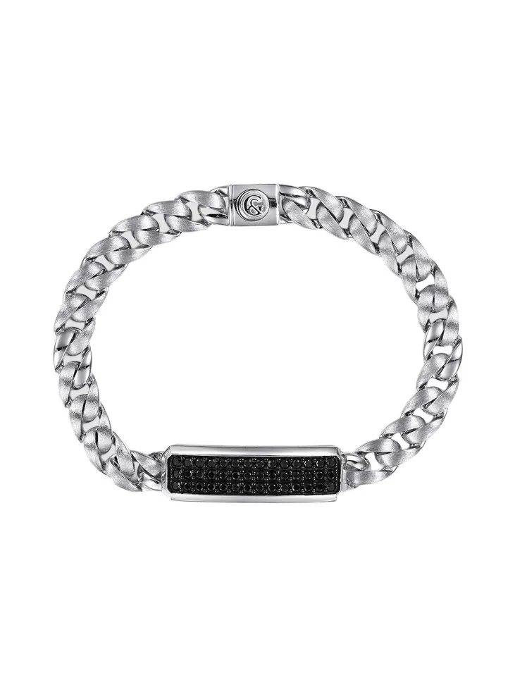 Gabriel & Co Men's Classic Sterling Silver & Black Spinel Cuban Link ID Bracelet