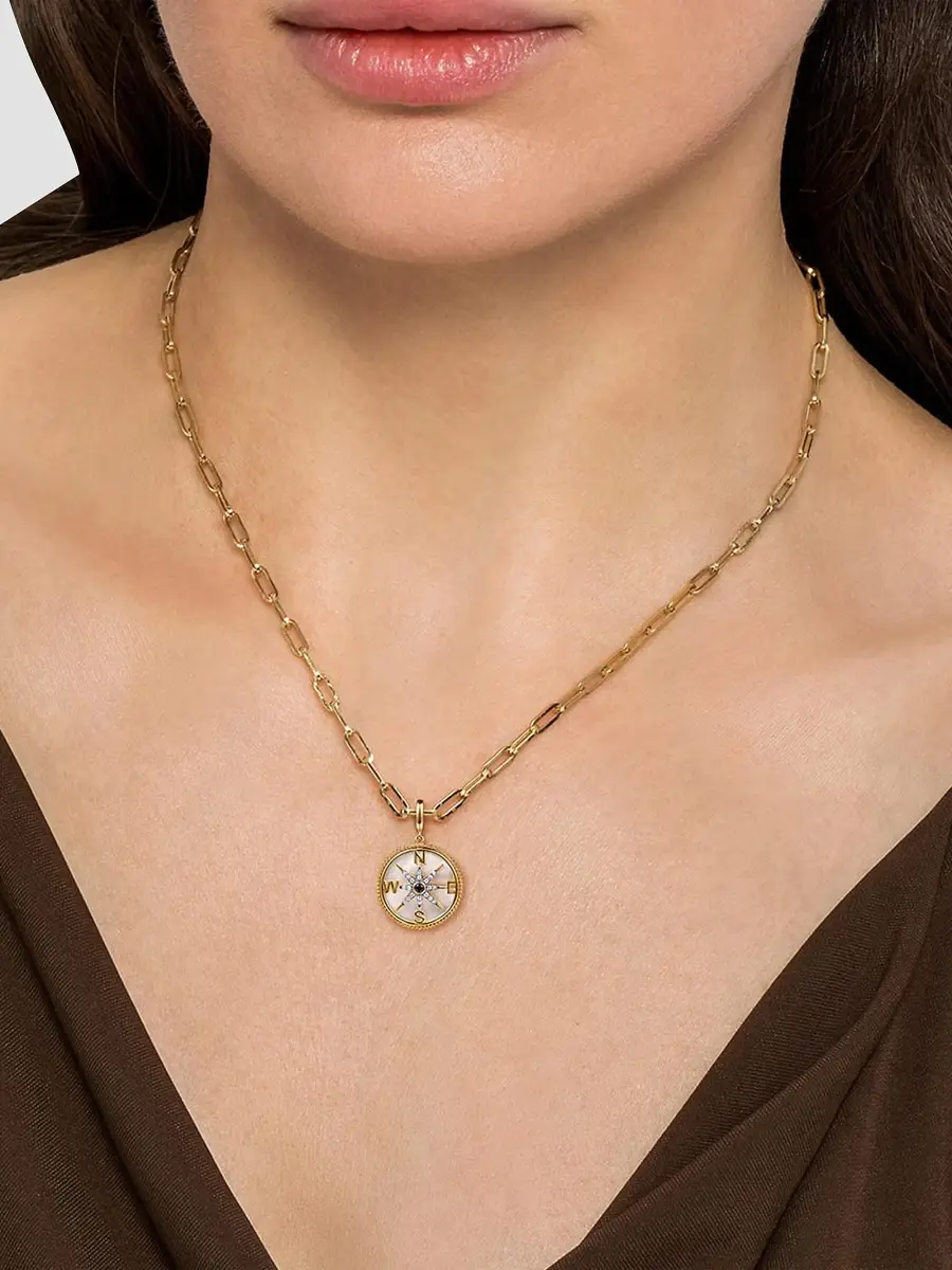 Gabriel & Co Women's Bujukan 14K Yellow Gold, 0.15 TCW Diamond and Blue Sapphire Compass Medallion Pendant | Thumbnail 2 Gabriel & Co Women's Bujukan 14K Yellow Gold, 0.15 TCW Diamond and Blue Sapphire Compass Medallion Pendant | Thumbnail 2