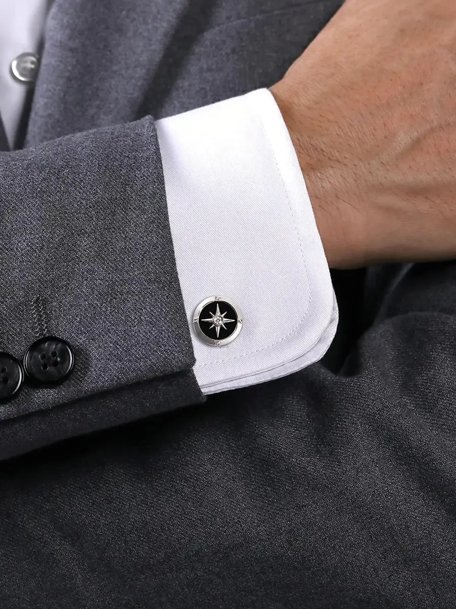 Gabriel & Co Men's Polaris Sterling Silver, Black Onyx & 0.09 TCW Diamond Compass Cufflinks | Thumbnail 2 Gabriel & Co Men's Polaris Sterling Silver, Black Onyx & 0.09 TCW Diamond Compass Cufflinks | Thumbnail 2