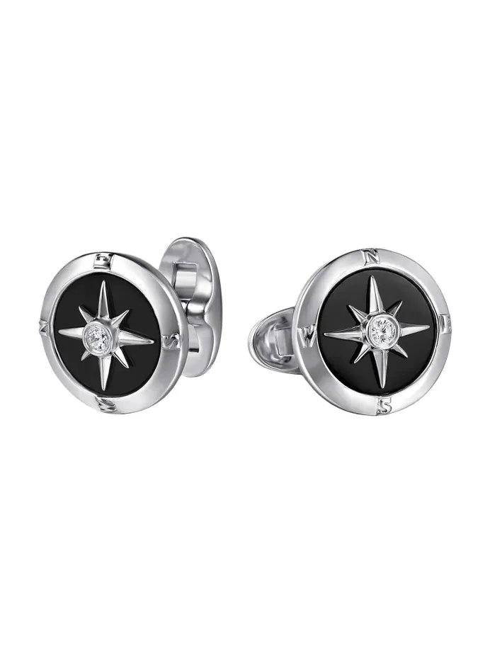 Gabriel & Co Men's Polaris Sterling Silver, Black Onyx & 0.09 TCW Diamond Compass Cufflinks