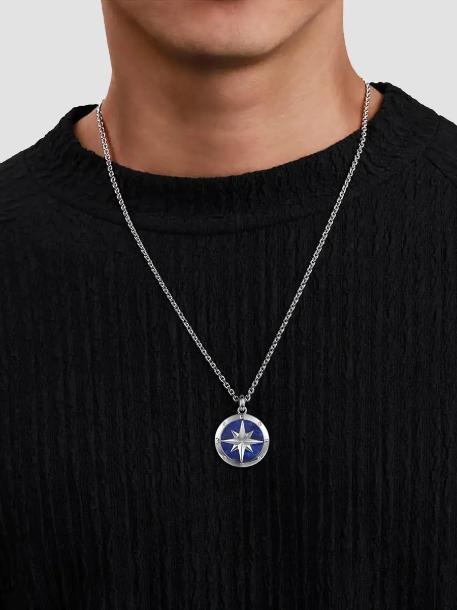 Gabriel & Co Men's Polaris Sterling Silver, 0.06 TCW Diamond and Lapis Lazuli Compass Pendant Necklace | Thumbnail 2 Gabriel & Co Men's Polaris Sterling Silver, 0.06 TCW Diamond and Lapis Lazuli Compass Pendant Necklace | Thumbnail 2