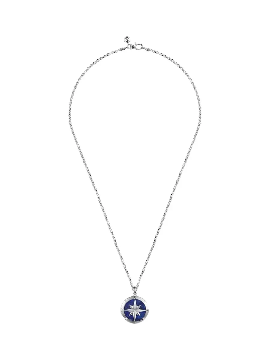 Gabriel & Co Men's Polaris Sterling Silver, 0.06 TCW Diamond and Lapis Lazuli Compass Pendant Necklace
