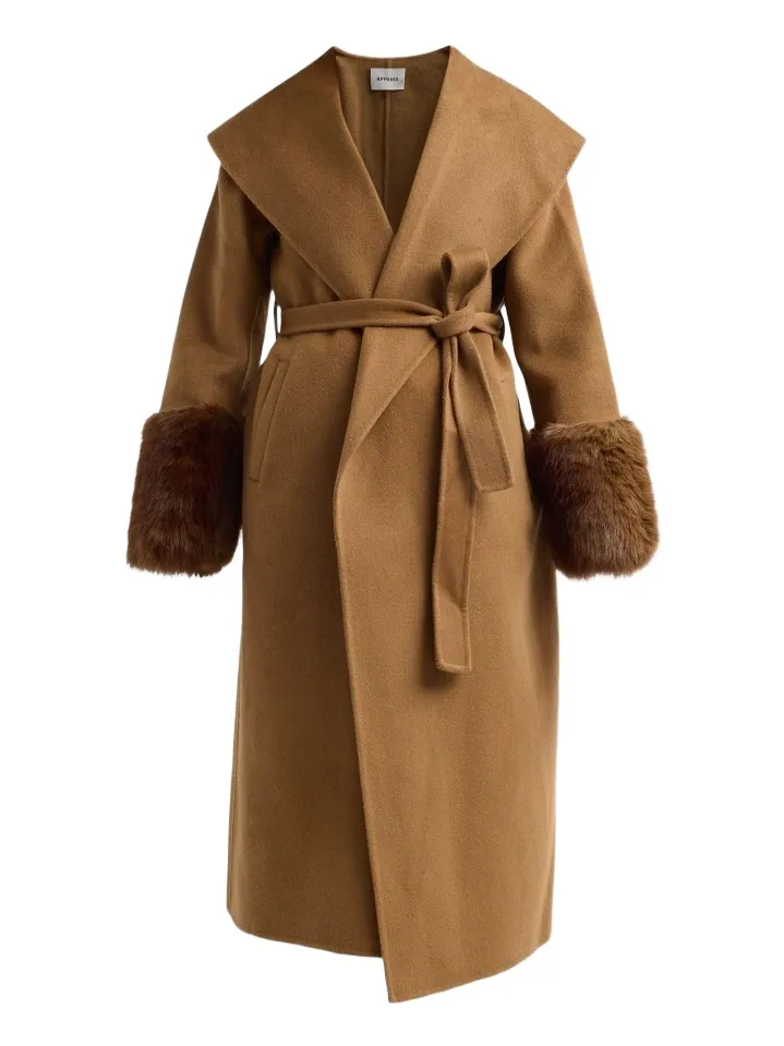 Apparis Women's Jill Faux-Mink Fur Cuff Wool Belted Coat