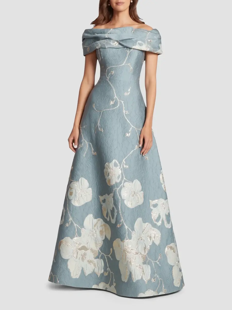 Teri Jon by Rickie Freeman Women's Floral Jacquard Off-The-Shoulder A-Line Gown | Thumbnail 2