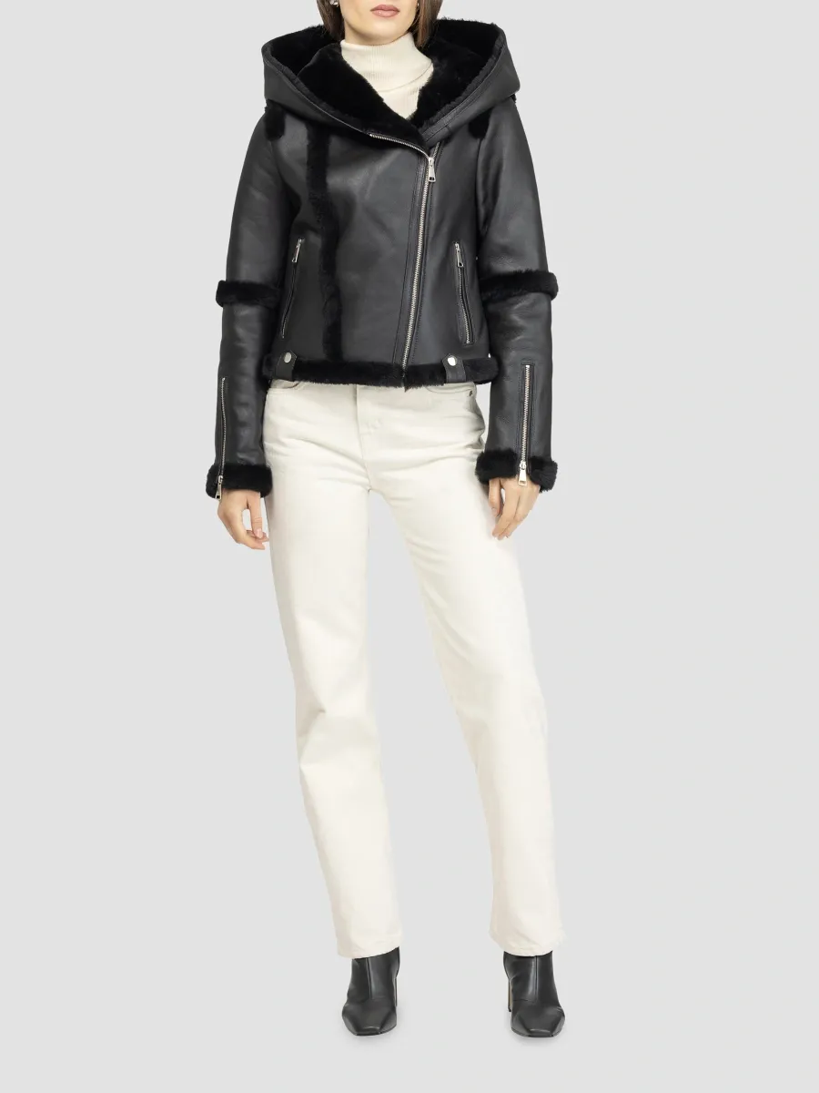Gorski Women's Select Shearling Lamb Zip Coat with Hood - Black | Thumbnail 2 Gorski Women's Select Shearling Lamb Zip Coat with Hood - Black | Thumbnail 2