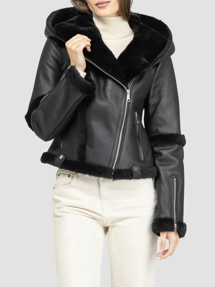 Gorski Women's Select Shearling Lamb Zip Coat with Hood - Black | Thumbnail 3 Gorski Women's Select Shearling Lamb Zip Coat with Hood - Black | Thumbnail 3