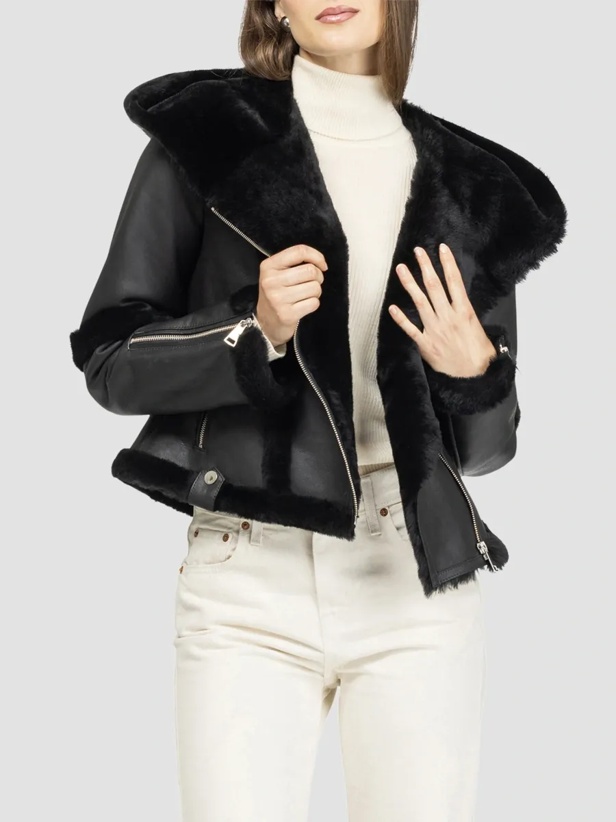 Gorski Women's Select Shearling Lamb Zip Coat with Hood - Black | Thumbnail 4 Gorski Women's Select Shearling Lamb Zip Coat with Hood - Black | Thumbnail 4