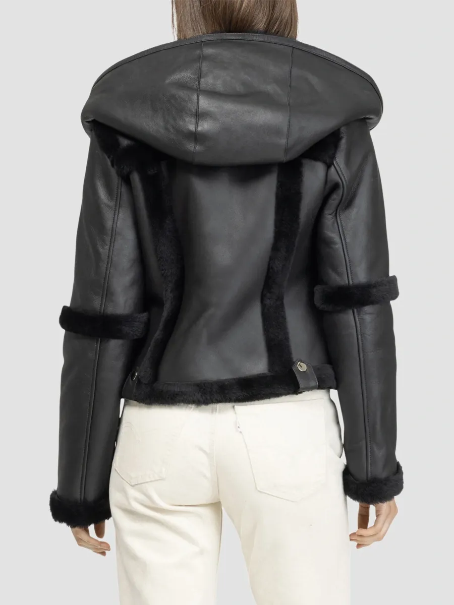 Gorski Women's Select Shearling Lamb Zip Coat with Hood - Black | Thumbnail 5 Gorski Women's Select Shearling Lamb Zip Coat with Hood - Black | Thumbnail 5