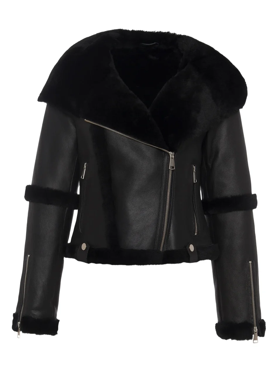 Gorski Women's Select Shearling Lamb Zip Coat with Hood - Black