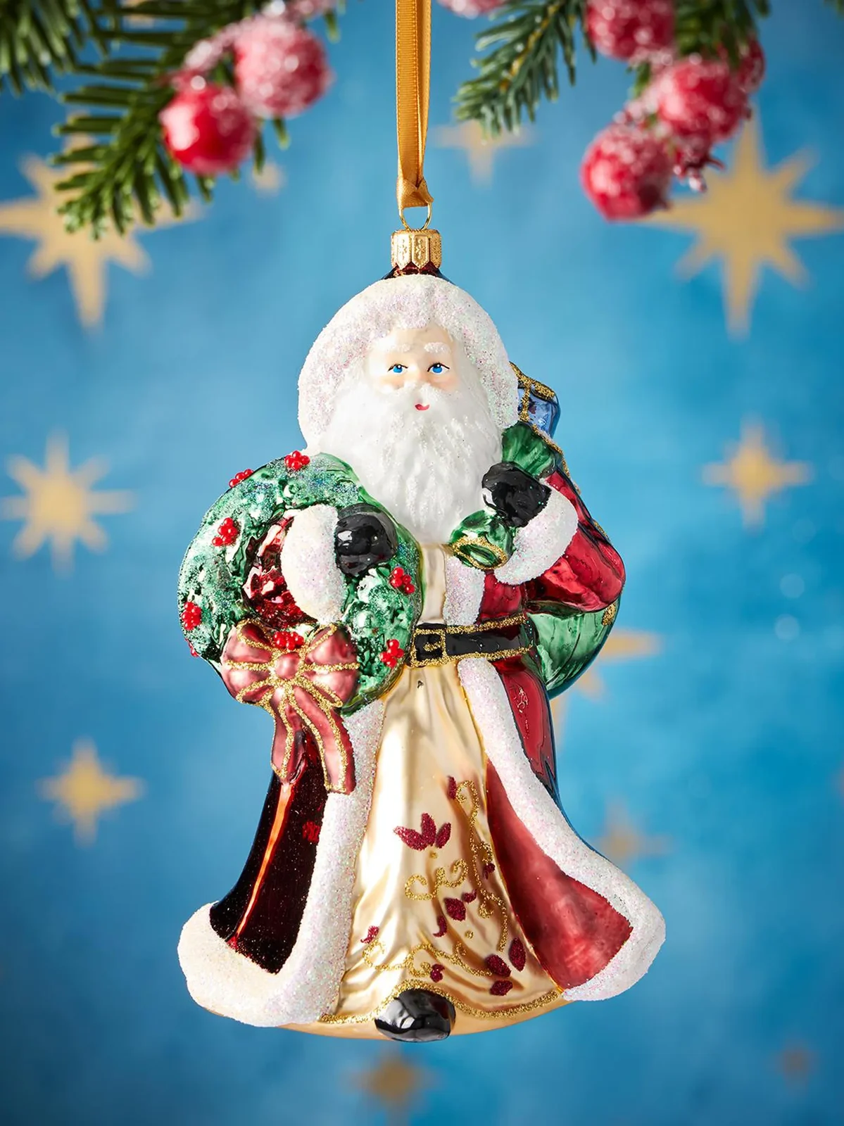 Exclusively Ours Father Christmas & Wreath Glass Ornament