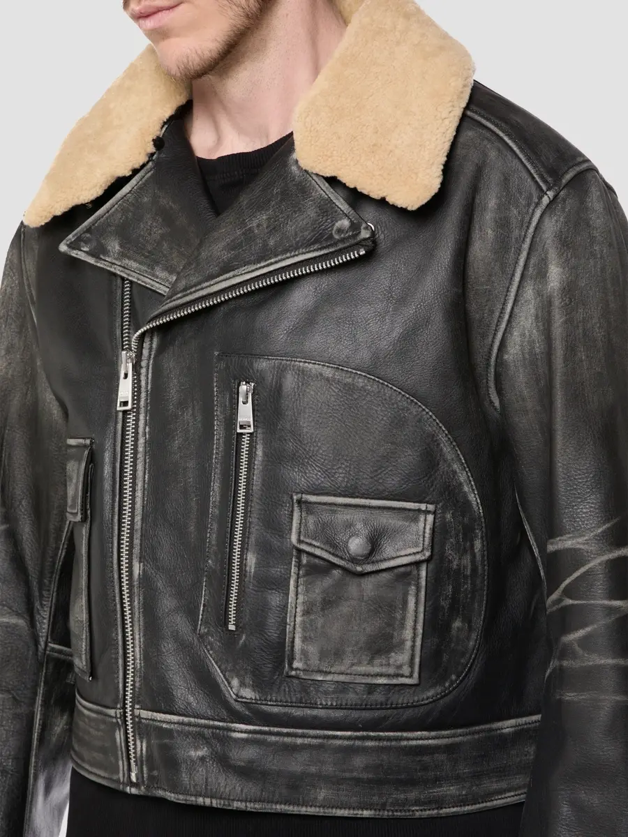 Purple Brand Men's Faux-Shearling Collar Leather Moto Jacket | Thumbnail 3