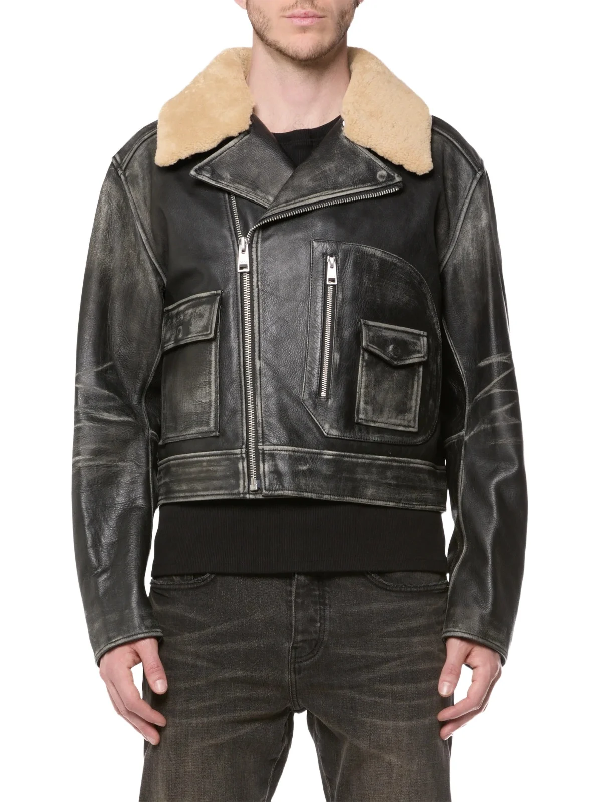 Purple Brand Men's Faux-Shearling Collar Leather Moto Jacket