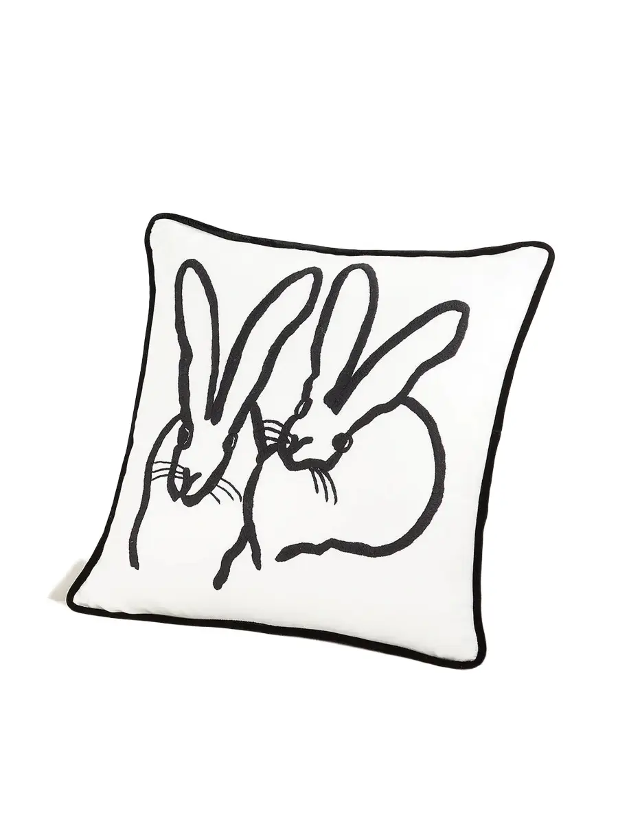 Hand-Embroidered Bunny Silk & Velvet Pillow - White Blk Hand-Embroidered Bunny Silk & Velvet Pillow - White Blk