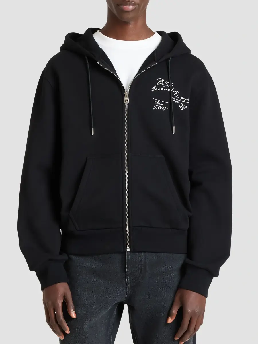 Givenchy Men's Zipped Hoodie in Fleece with Scripty Print - Black | Thumbnail 3