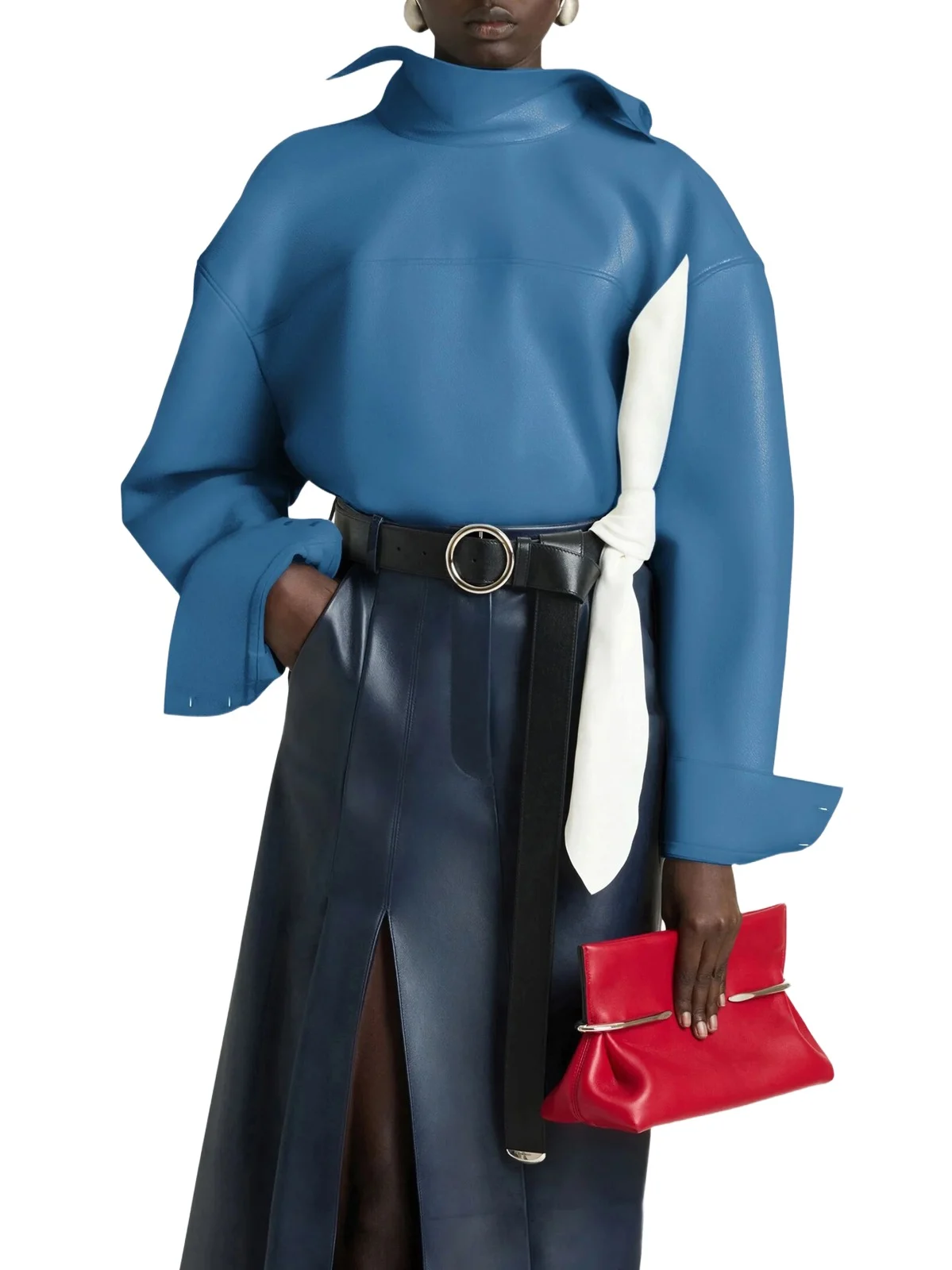 Women's Back to Front Tie-up Shirt in Nappa Leather - Denim Blue