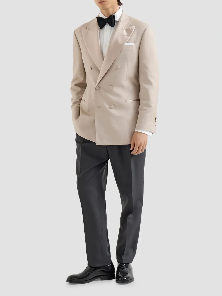 Brunello Cucinelli Men's Silk Double-Pleated Tuxedo Trousers with Tabbed Waistband - Sand | Thumbnail 2 Brunello Cucinelli Men's Silk Double-Pleated Tuxedo Trousers with Tabbed Waistband - Sand | Thumbnail 2