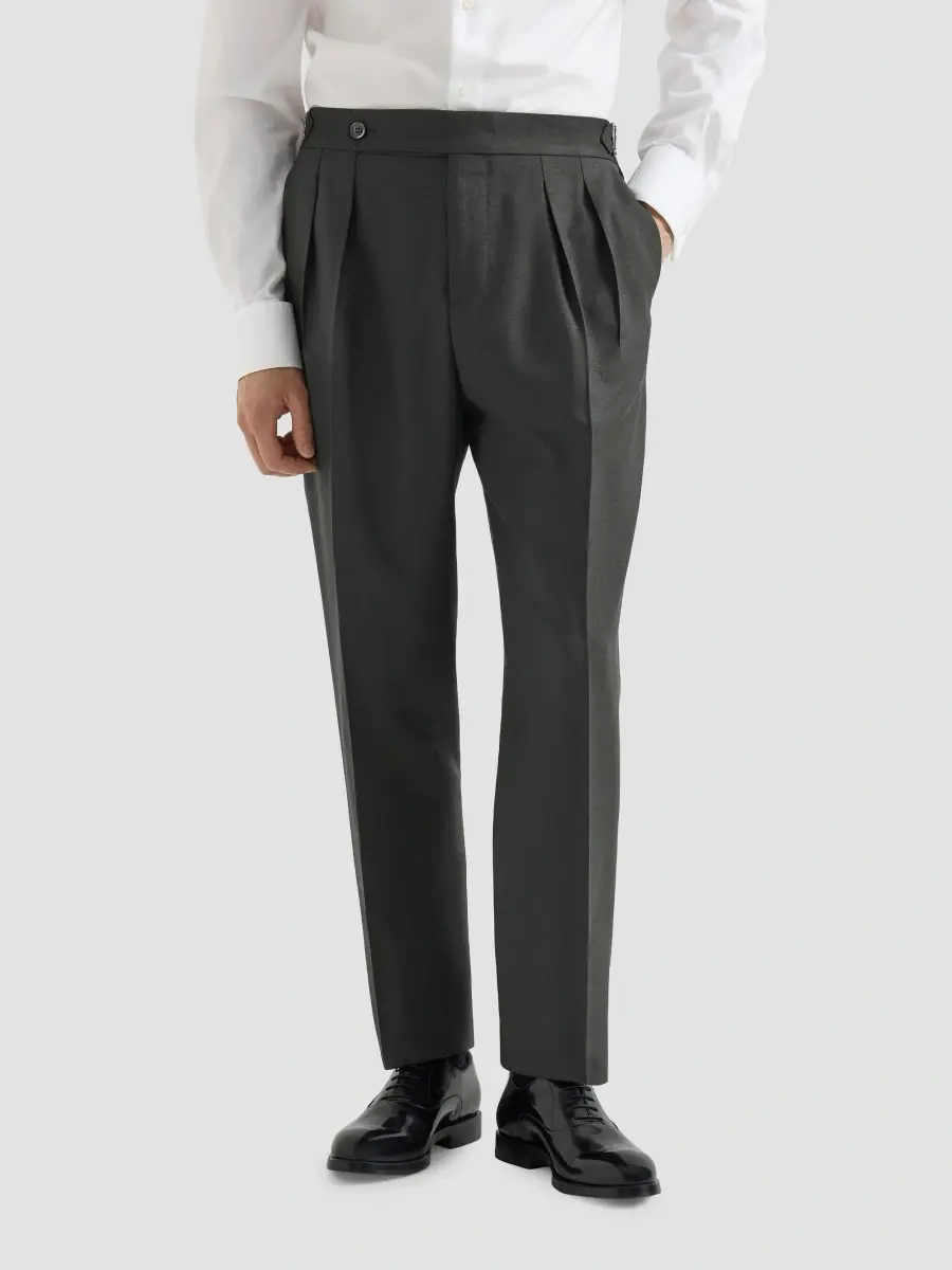 Brunello Cucinelli Men's Silk Double-Pleated Tuxedo Trousers with Tabbed Waistband - Sand | Thumbnail 3 Brunello Cucinelli Men's Silk Double-Pleated Tuxedo Trousers with Tabbed Waistband - Sand | Thumbnail 3