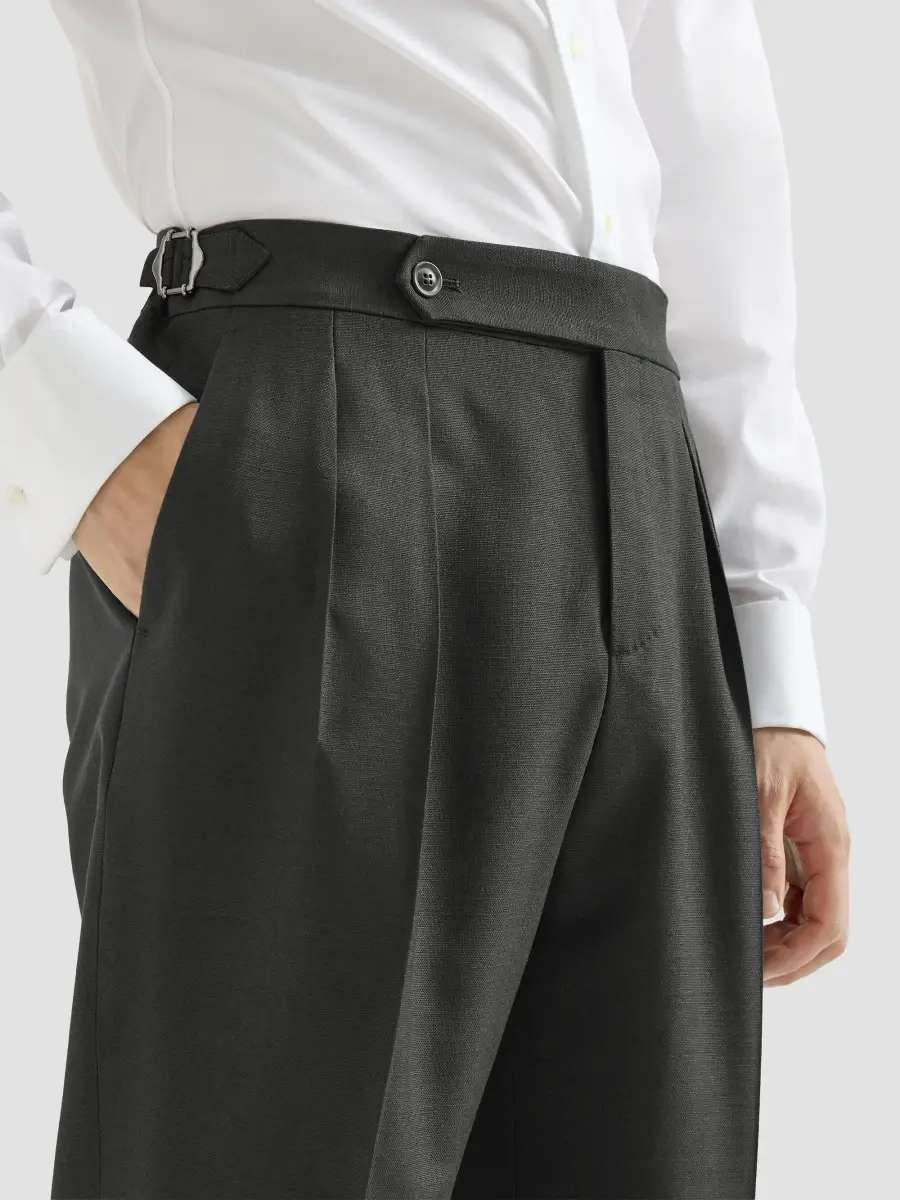 Brunello Cucinelli Men's Silk Double-Pleated Tuxedo Trousers with Tabbed Waistband - Sand | Thumbnail 5 Brunello Cucinelli Men's Silk Double-Pleated Tuxedo Trousers with Tabbed Waistband - Sand | Thumbnail 5