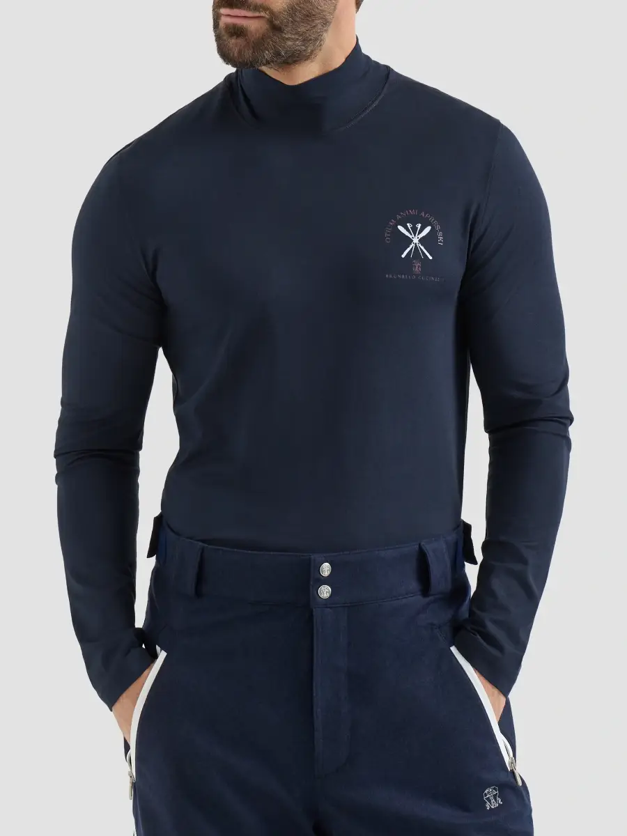 Brunello Cucinelli Men's Comfort Silk Jersey Long Sleeve T-Shirt with Embroidery - Navy Blue | Thumbnail 3