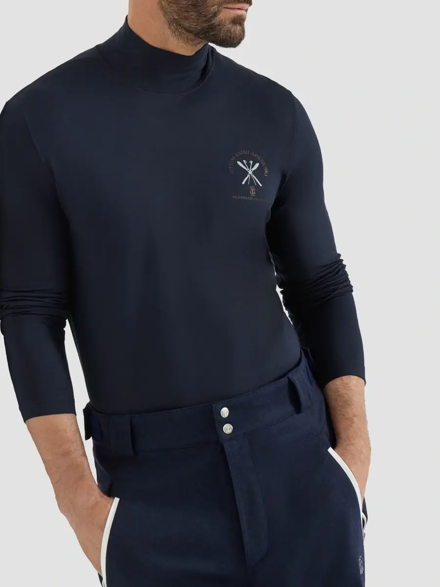Brunello Cucinelli Men's Comfort Silk Jersey Long Sleeve T-Shirt with Embroidery - Navy Blue | Thumbnail 5
