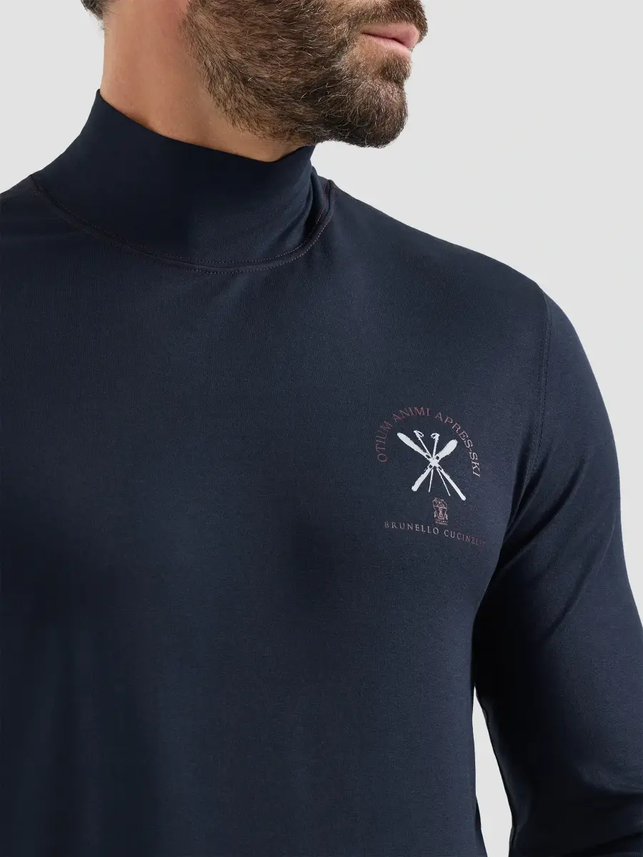 Brunello Cucinelli Men's Comfort Silk Jersey Long Sleeve T-Shirt with Embroidery - Navy Blue | Thumbnail 6